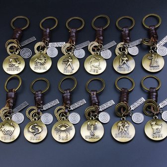 Retro Twelve constellation Woven Keychain Soft Lederen koord sleutelhanger voor heren
