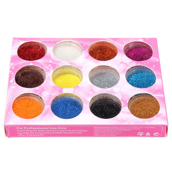12 kleuren acryl nagel kunst tips glitter poeder stof