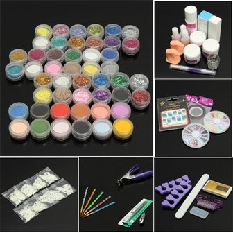 48 Pro Acryl Glitter Poeder Nagel Art Gel Borstel Tips Kit Set