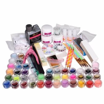 42x Acryl Nail Art Tips Poeder Liquid Brush Glitter Clipper Primer File Set
