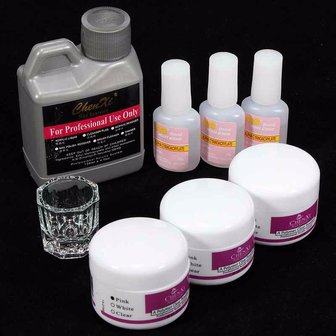 42x Acryl Nail Art Tips Poeder Liquid Brush Glitter Clipper Primer File Set