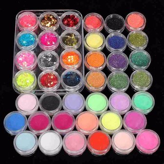 42x Acryl Nail Art Tips Poeder Liquid Brush Glitter Clipper Primer File Set
