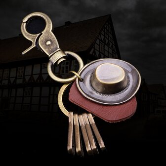 Retro punk hoed auto sleutelhanger lederen hanger sleutelhanger bronzen metalen sleutelhanger