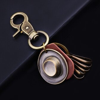Retro punk hoed auto sleutelhanger lederen hanger sleutelhanger bronzen metalen sleutelhanger