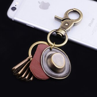 Retro punk hoed auto sleutelhanger lederen hanger sleutelhanger bronzen metalen sleutelhanger