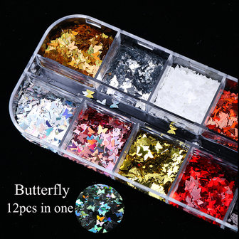 Nail Art Jewelry 12 kleuren laser magische kleuren vlinder pailletten nagel decoratie pailletten