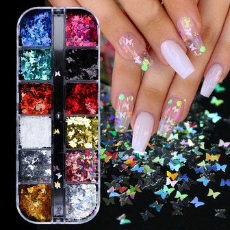 Nail Art Jewelry 12 kleuren laser magische kleuren vlinder pailletten nagel decoratie pailletten