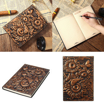 Vintage 3D reli&euml;f zonnebloem reizen dagboek Notebook Journal lederen Kladblok